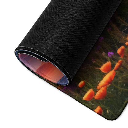 Black rolled-up large gaming mouse pad with orange poppies, purple wildflowers on green grass