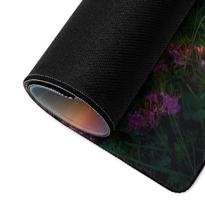 Rolled-up Vibrant Sunset Mountain gaming mouse pad with floral design