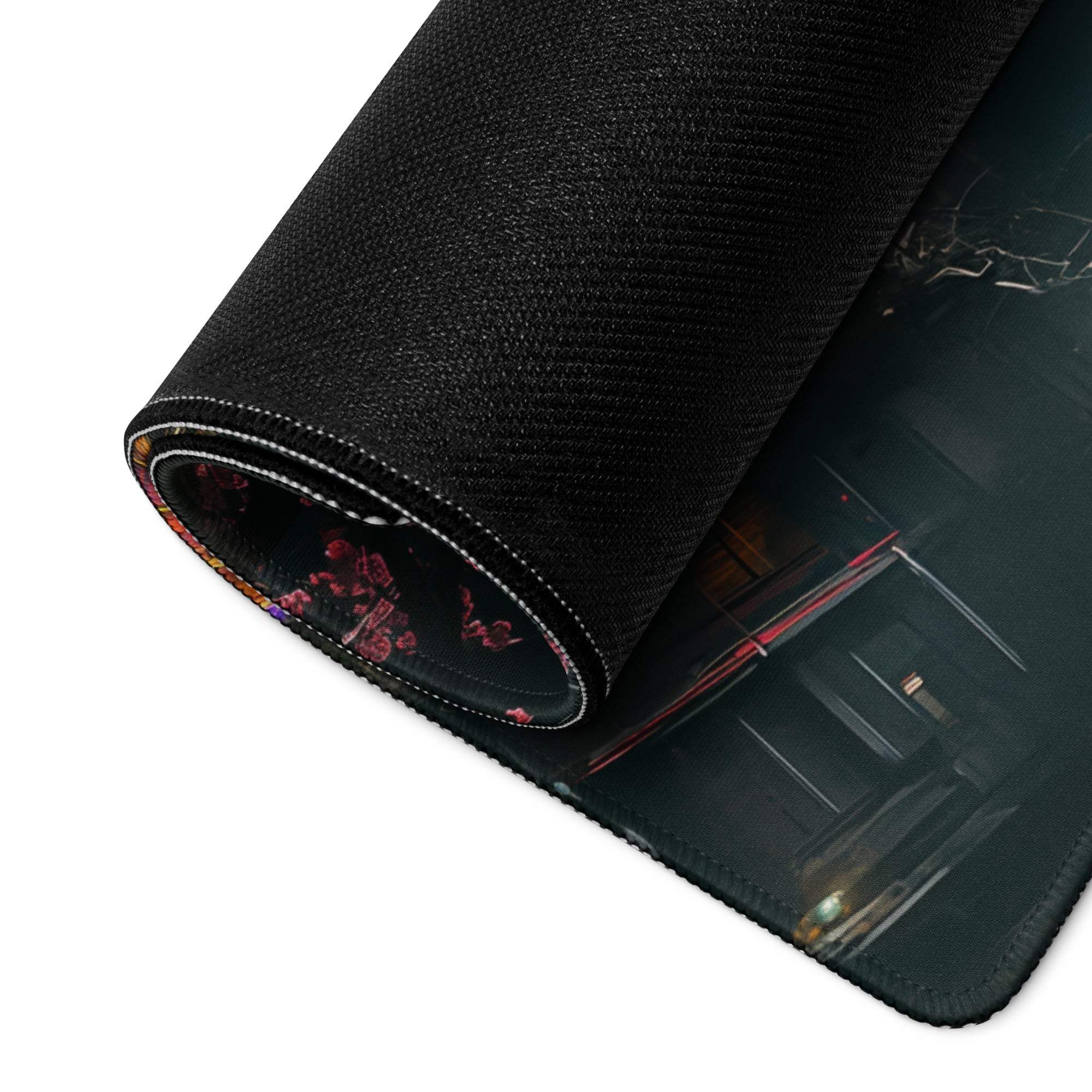 Cyberpunk cityscape oversized neon pink cherry blossom gaming mouse pad