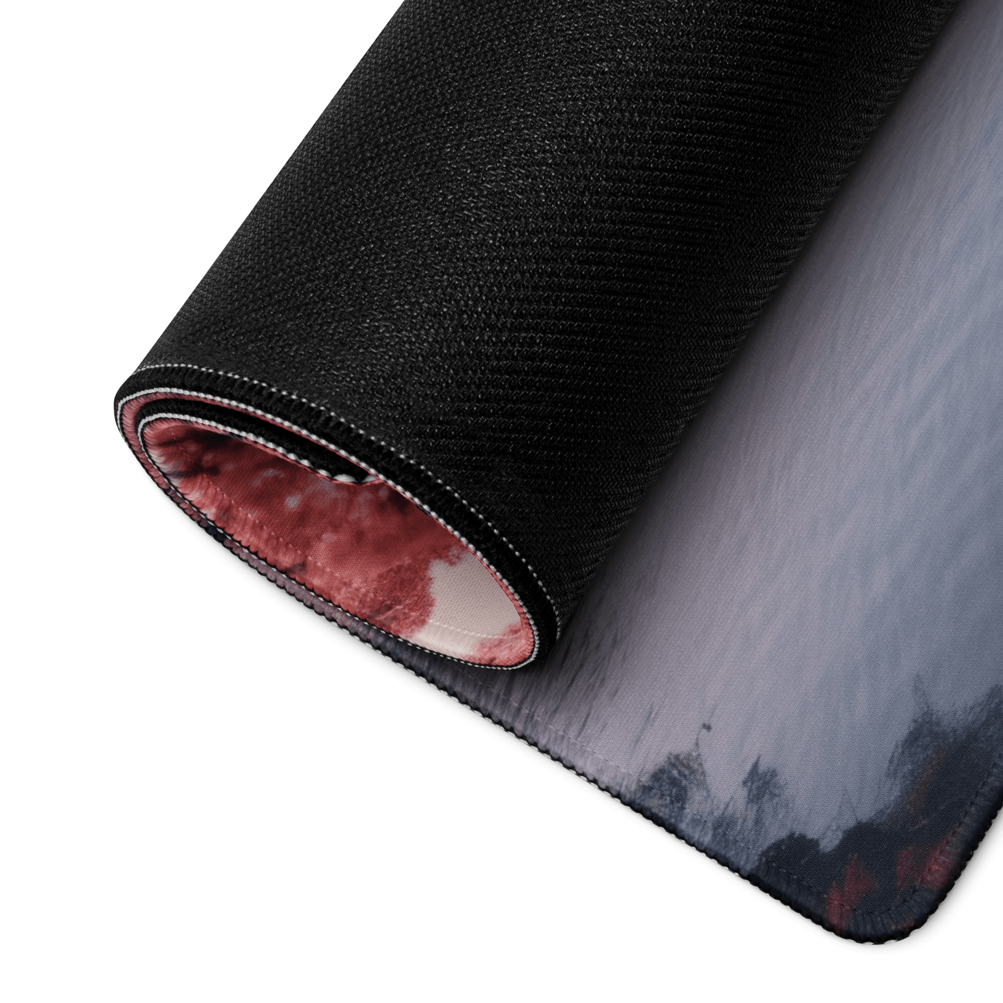 Black textured back of pink cherry blossom mountain gaming mouse pad