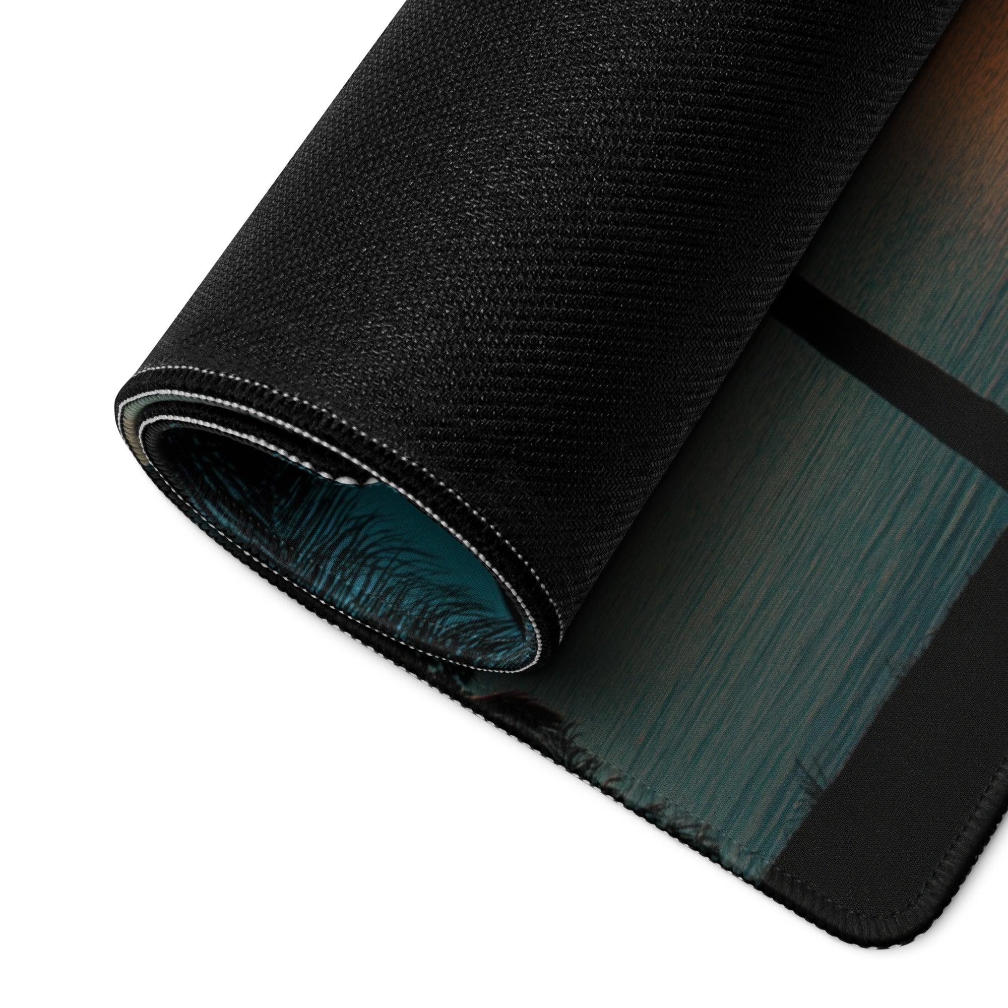 Black textured Tropical Sunset gaming mouse pad with teal green gradient