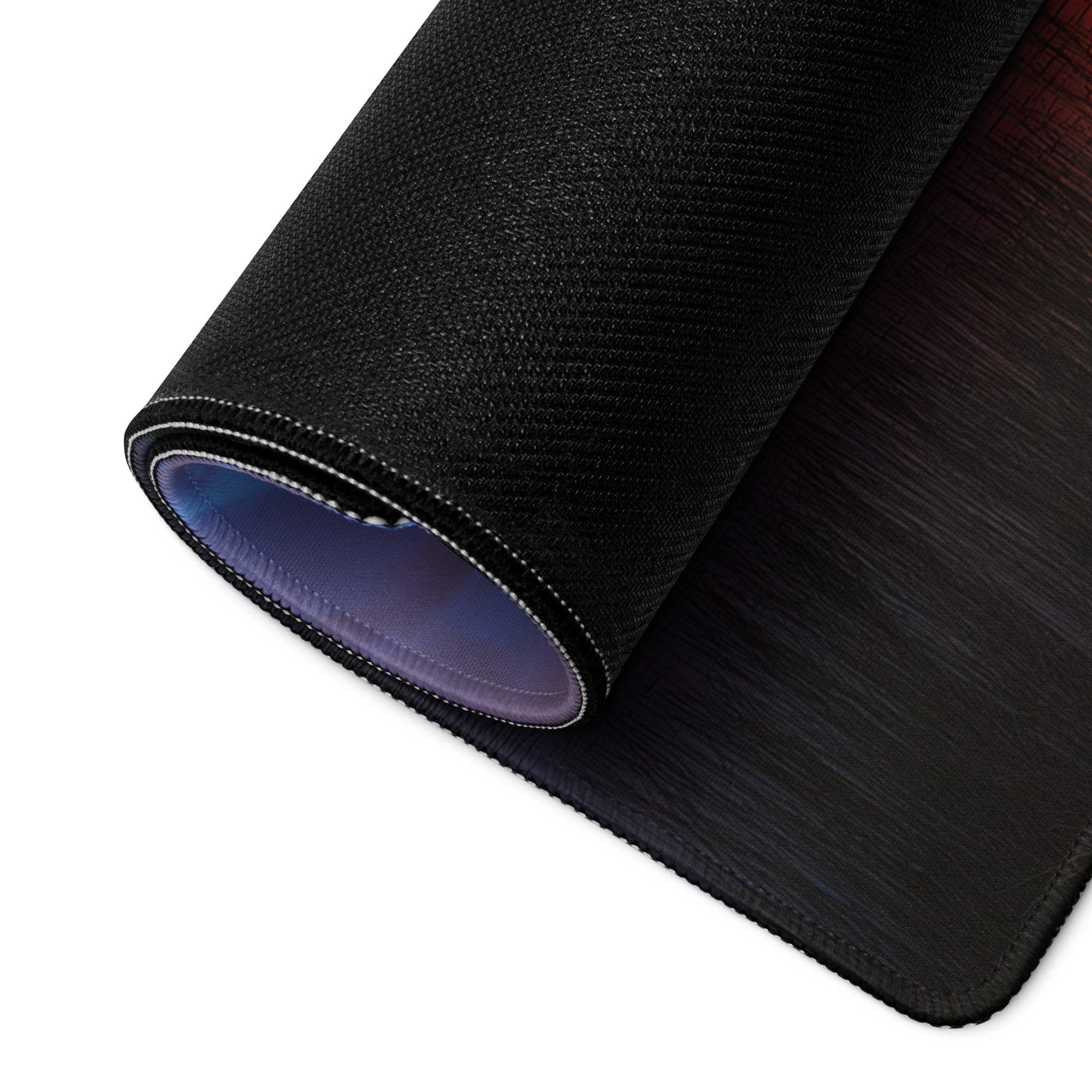 Black textured panoramic sunset gaming mouse pad with stitched gradient edge