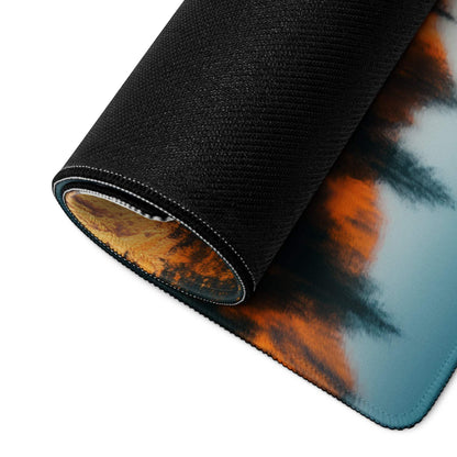 Black textured gaming mousepad with orange teal clouds and stitched edges