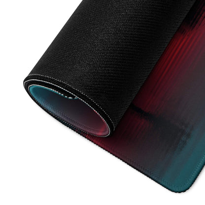Black textured gaming mousepad with red-to-teal gradient sunset palm design