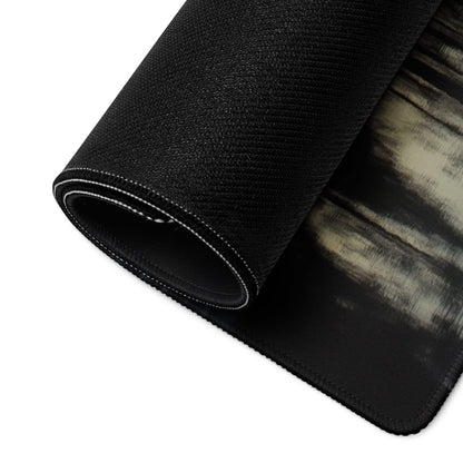 Black textured large gaming mousepad with beige gray design, stitched edges