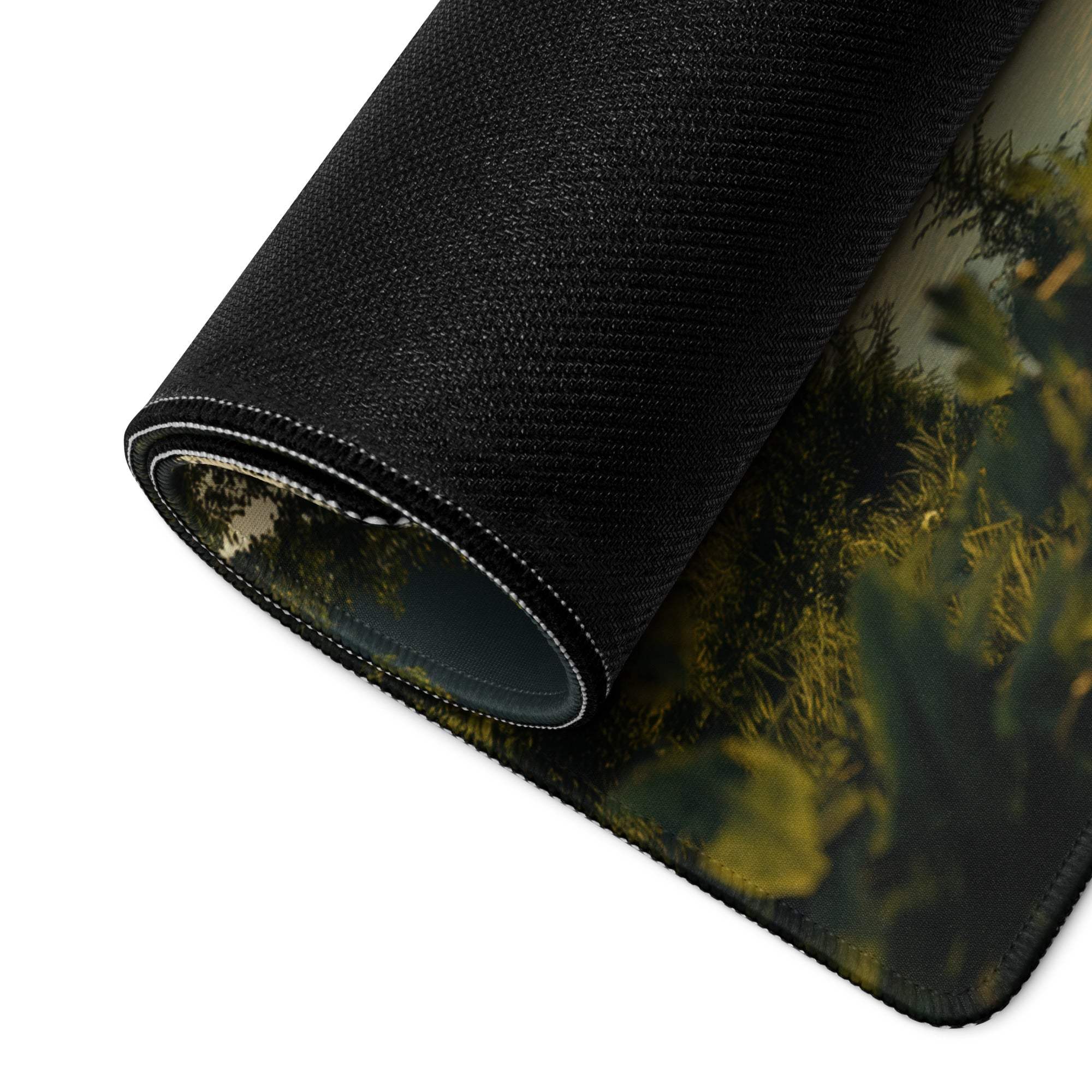 Serene Sunset landscape gaming mouse pad with black textured rolled edge, non-slip base, muted greens and yellows