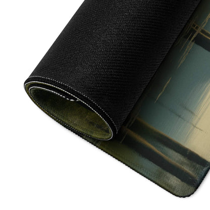 Dark Forest Night gaming mouse pad with teal abstract landscape, stitched edge