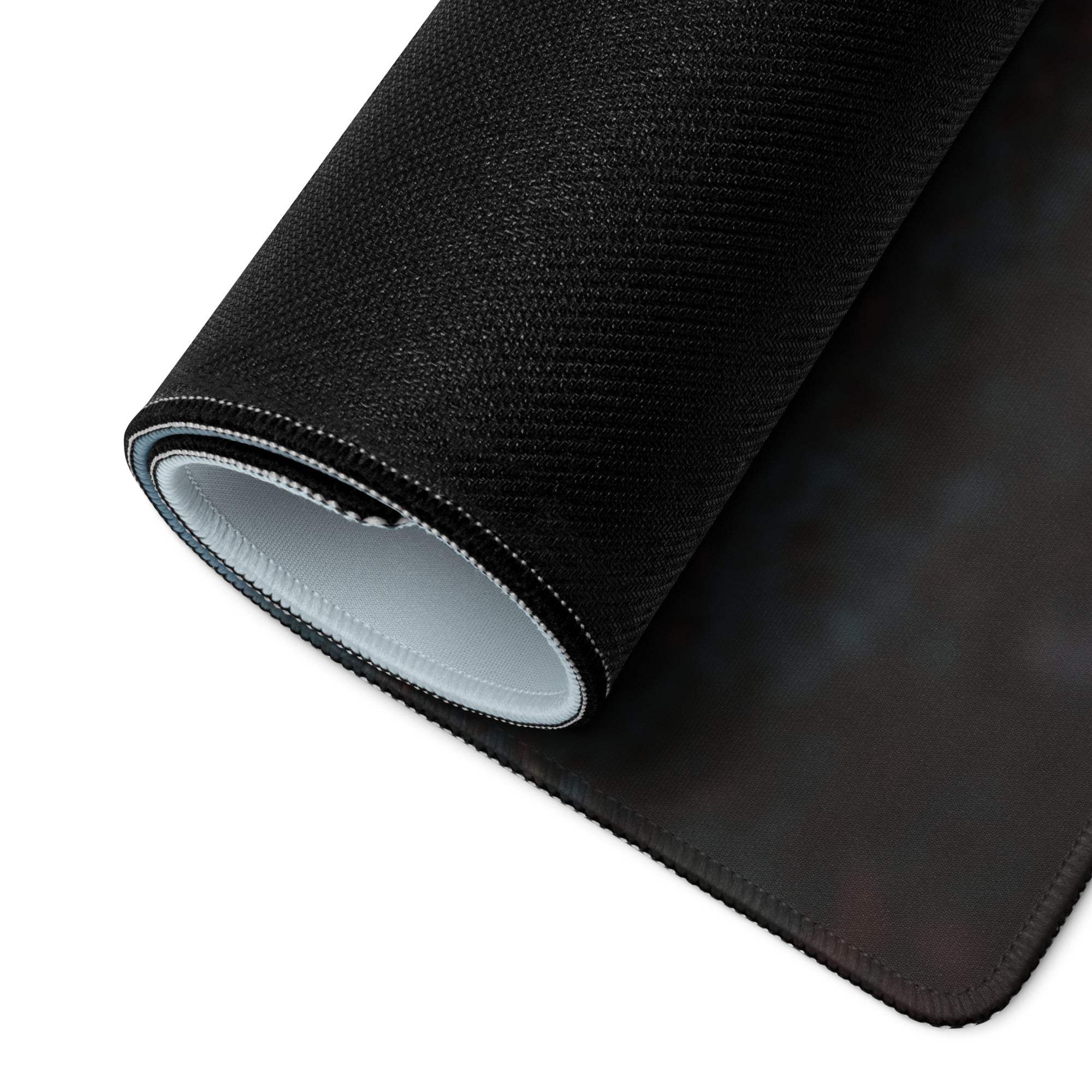 Large cinematic misty park bench gaming mouse pad black textured gradient stitched edges