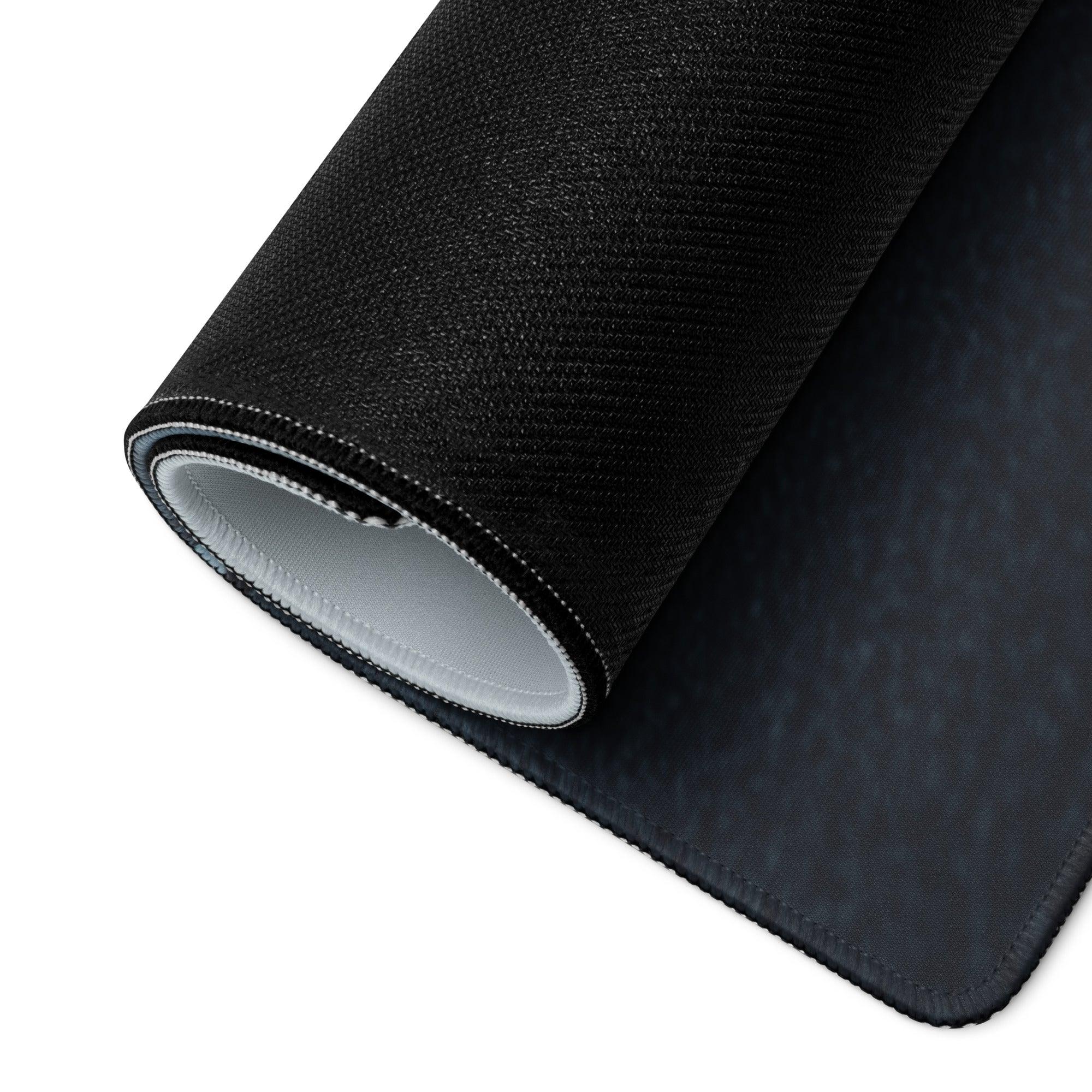 Black textured gaming mousepad with woven pattern, edge stitching, Calm Snowy Road scene