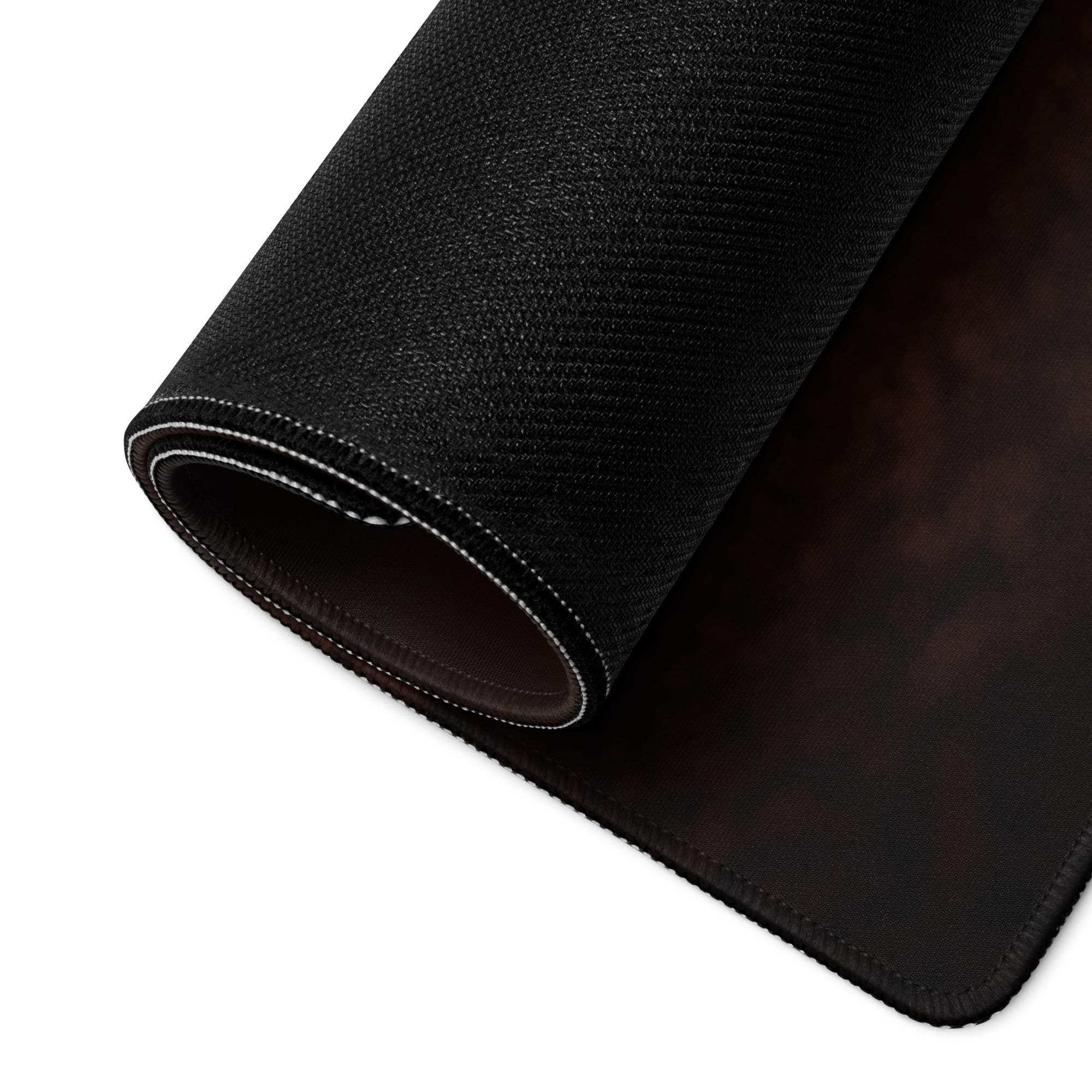 Black textured gaming mousepad with woven pattern, stitched edges, non-slip base