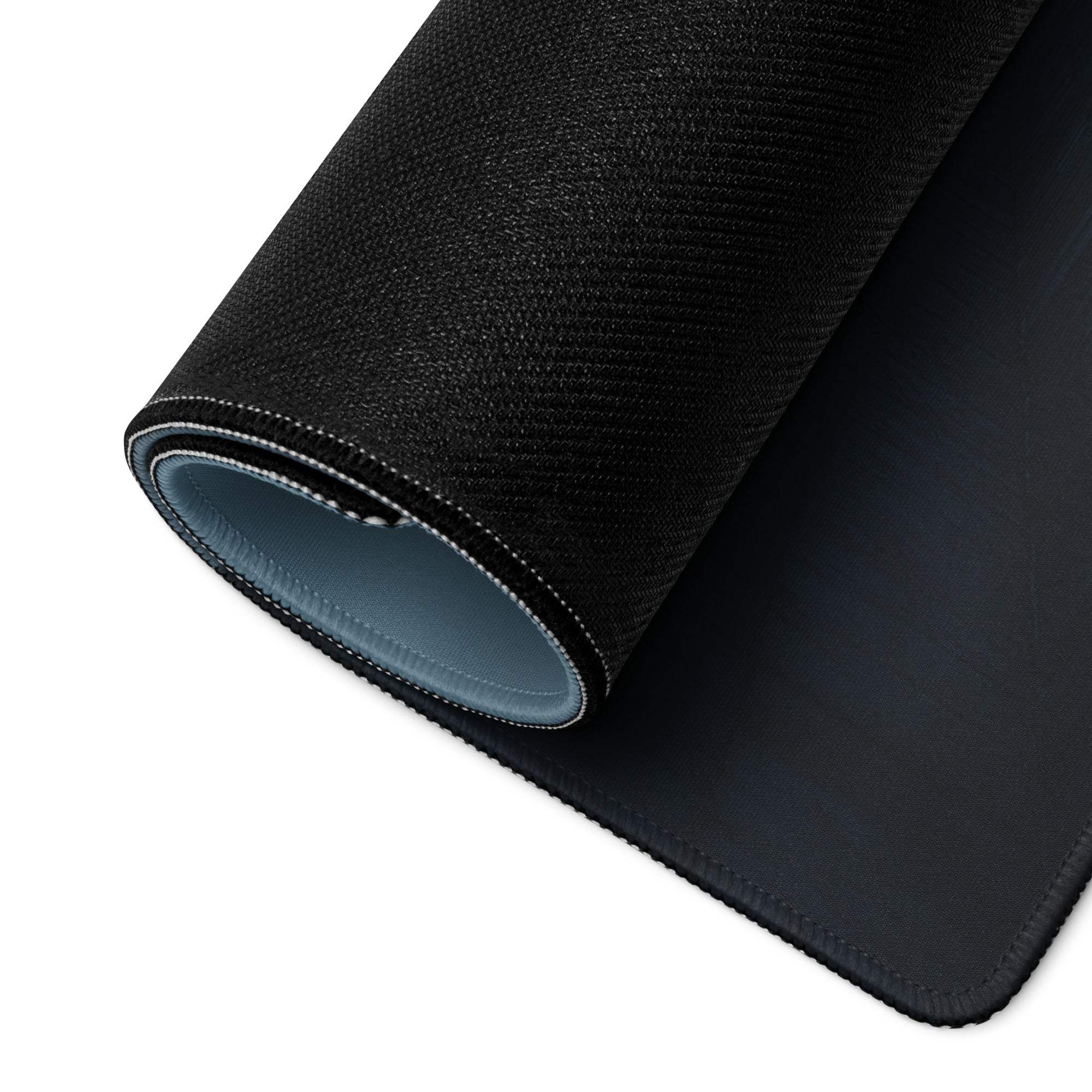 Black Moody Blue Mist gaming mousepad with gray lining and stitched edges
