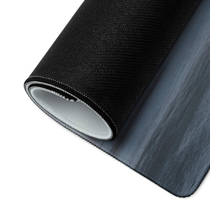 Black textured gaming mousepad with gray wood grain, white stitched edges