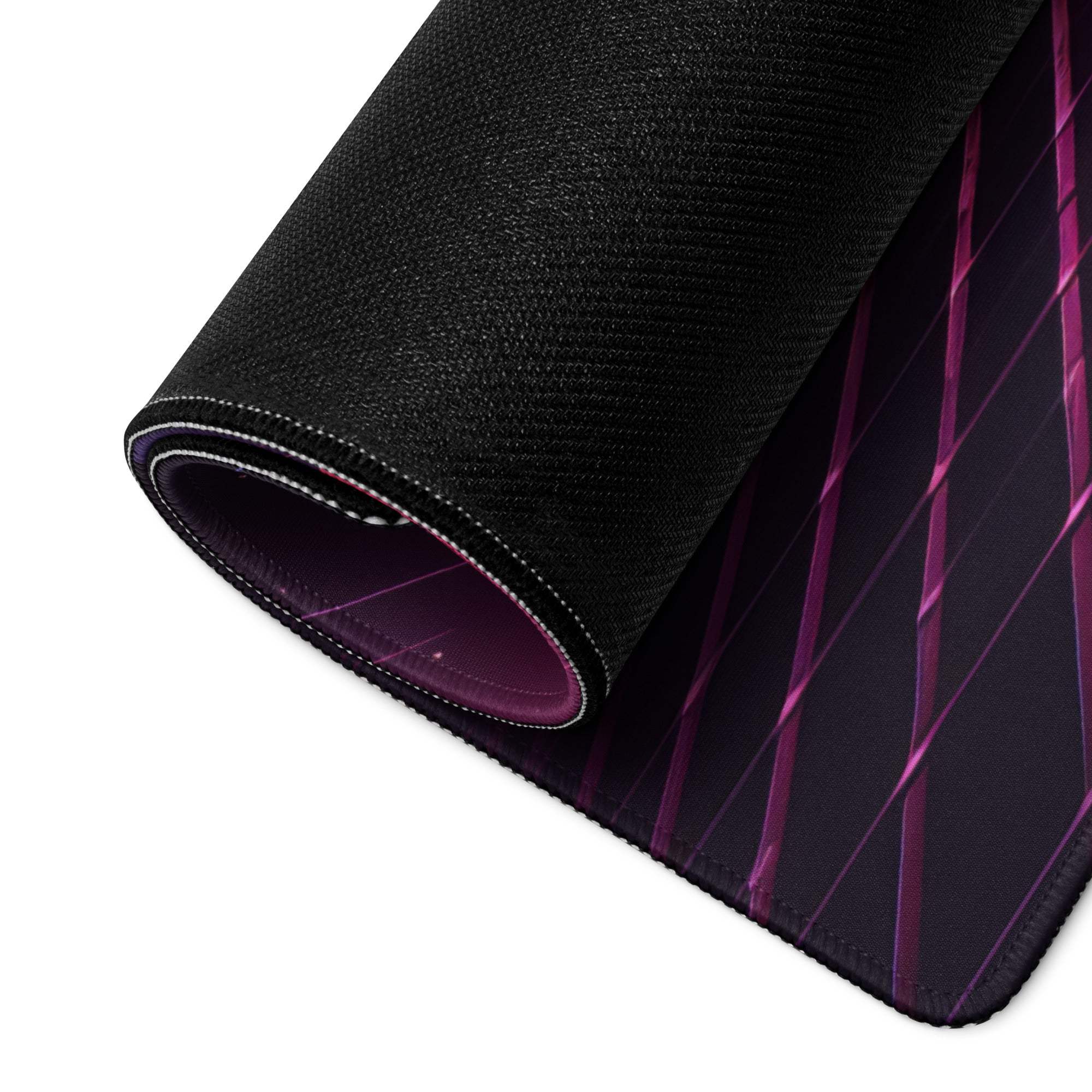 Black gaming mousepad with purple stripes textured surface non-slip base