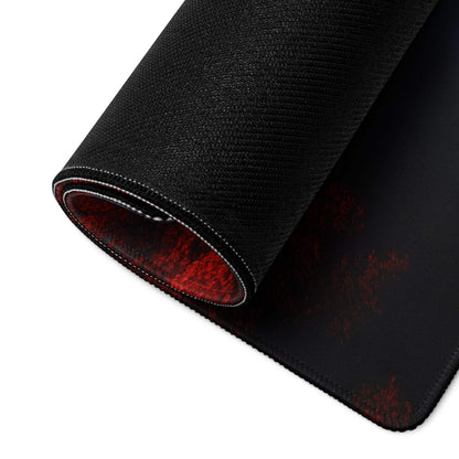 Back of Landscape Style Forest Moody Red gaming mouse pad with black texture, red underside, white stitching