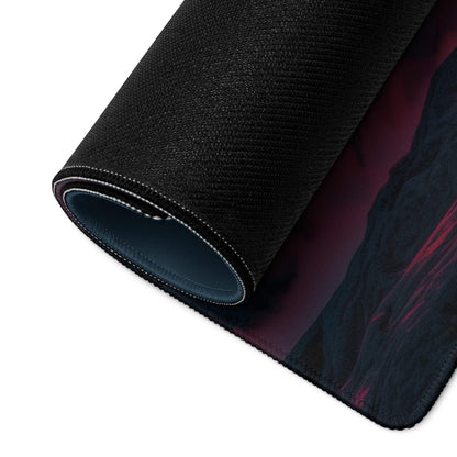 Black textured cyberpunk mountain mousepad rolled to show durable edge