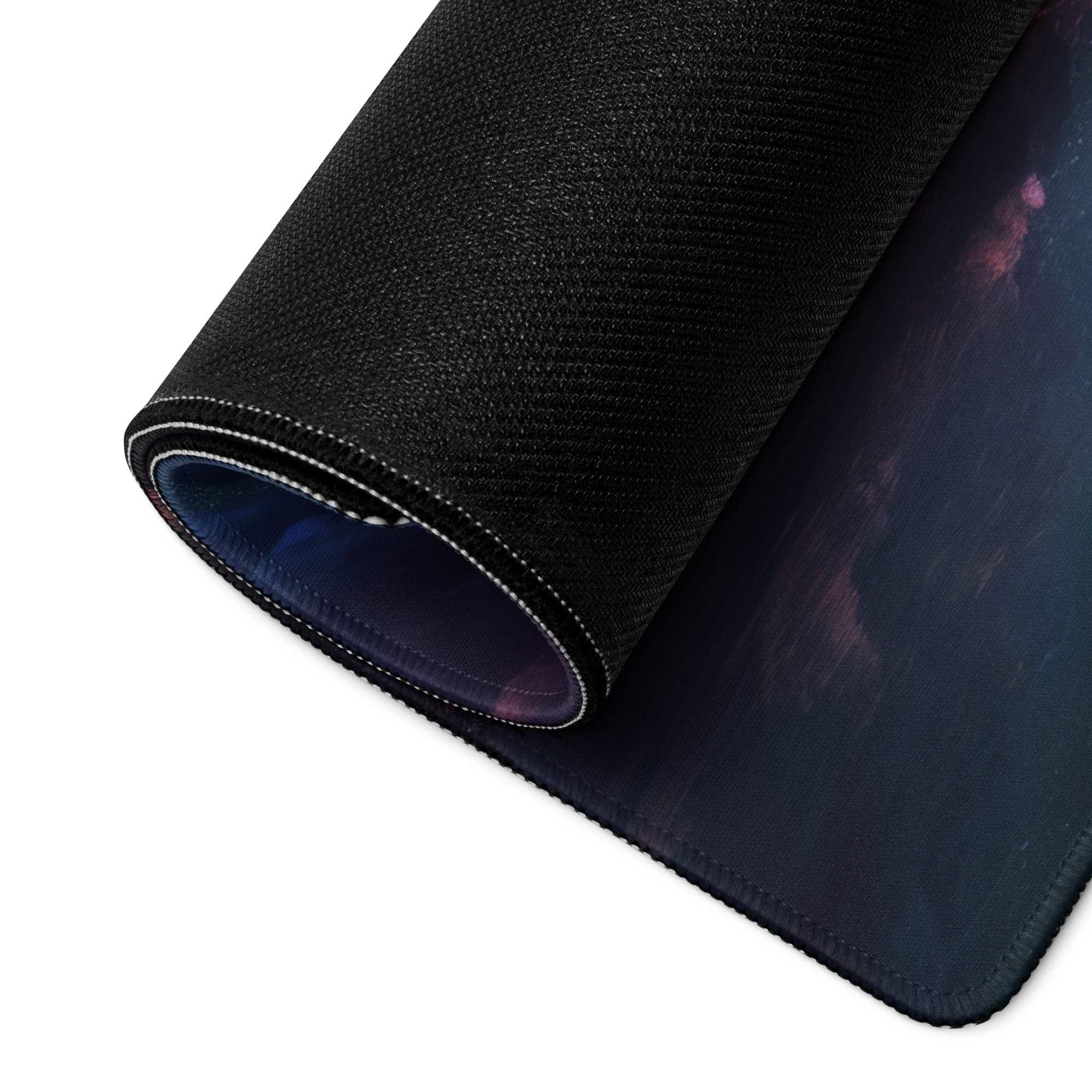 Black cosmic nebula textured gaming mousepad with white stitched edge
