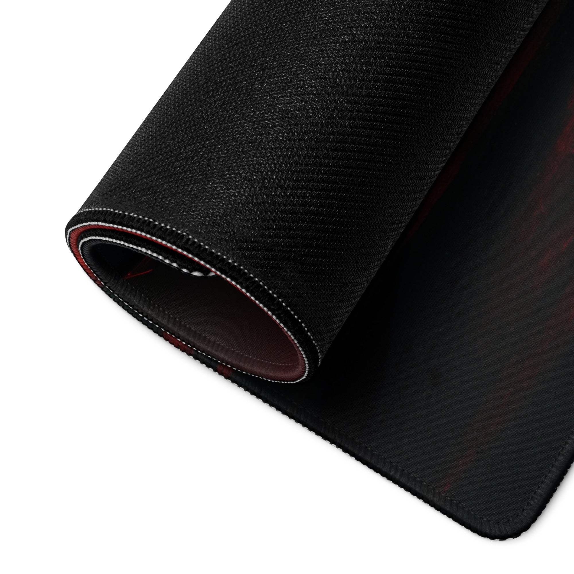 Black textured gaming mousepad with red white stitched edges, Noir Neon Night style