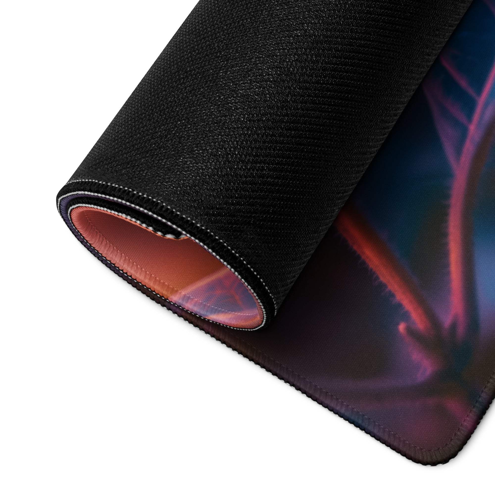 Vibrant butterfly garden gaming mouse pad with black texture, colorful glow design, orange lining, large non-slip surface