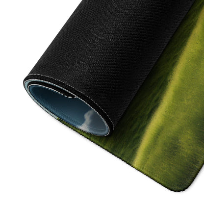 Black textured gaming mousepad with green landscape tree on hill design