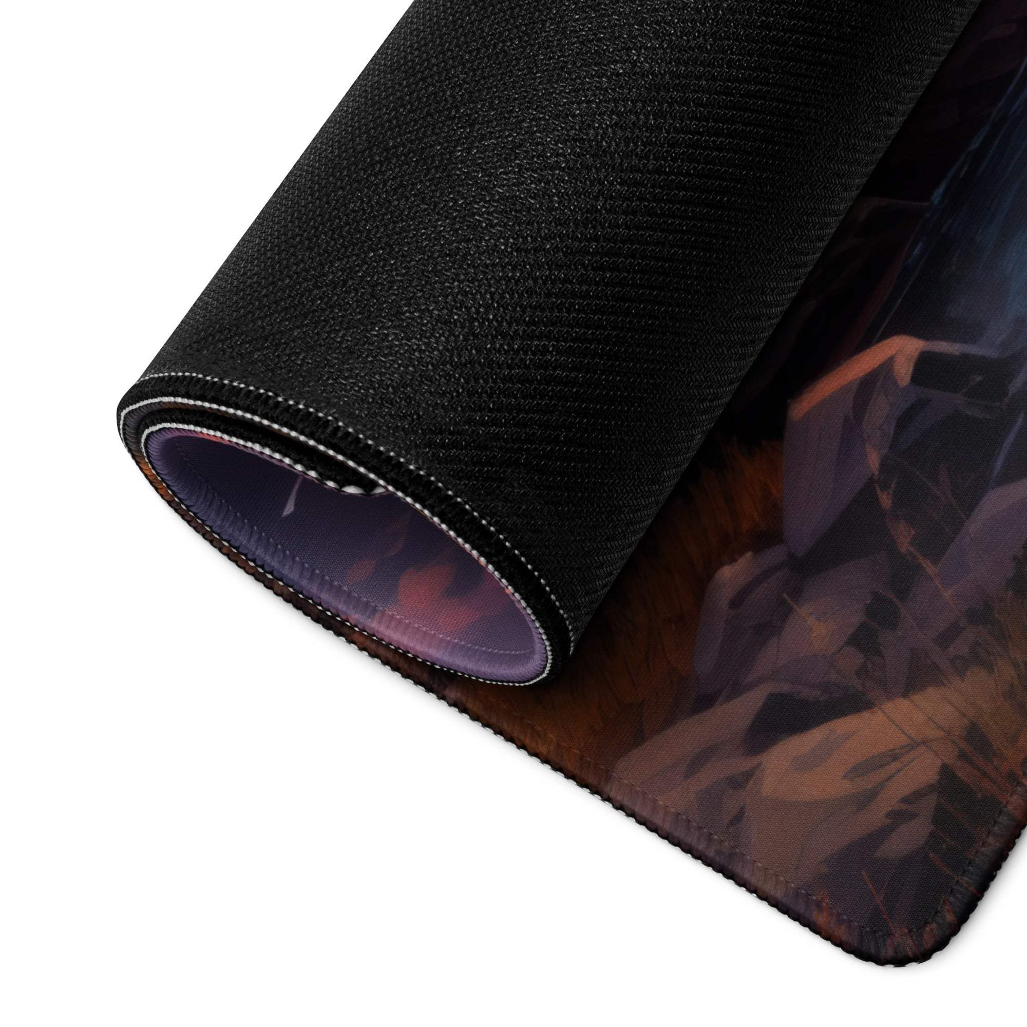 Black Sunset Lake landscape gaming mouse pad with textured purple-brown mountains, rolled edge, non-slip base