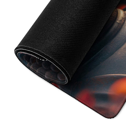 Premium large non-slip gaming desk pad with black textured fiery orange sunset design