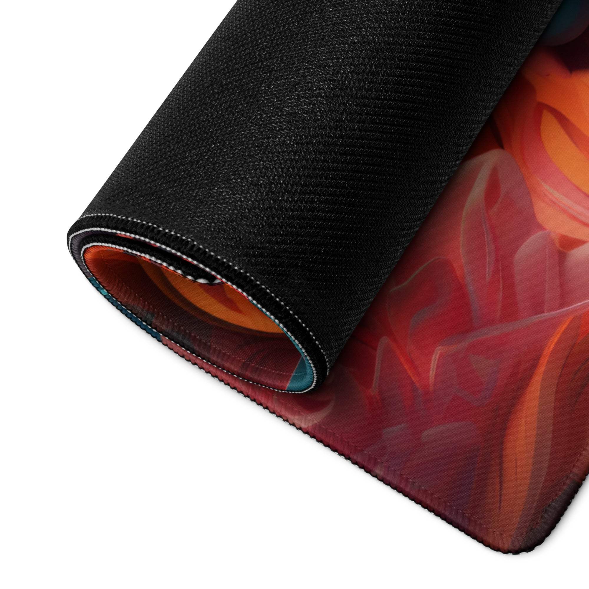 Rolled-up Vibrant Turquoise Buddha gaming mousepad with fiery backdrop