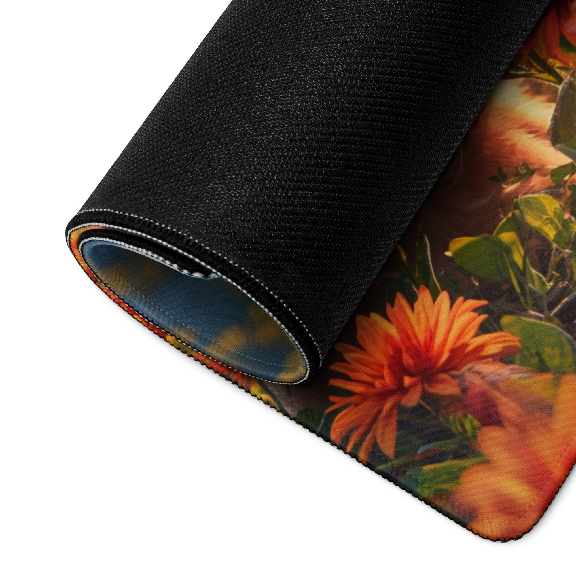 Rolled-up Vivid Floral Field gaming mouse pad with orange flowers and puppy design