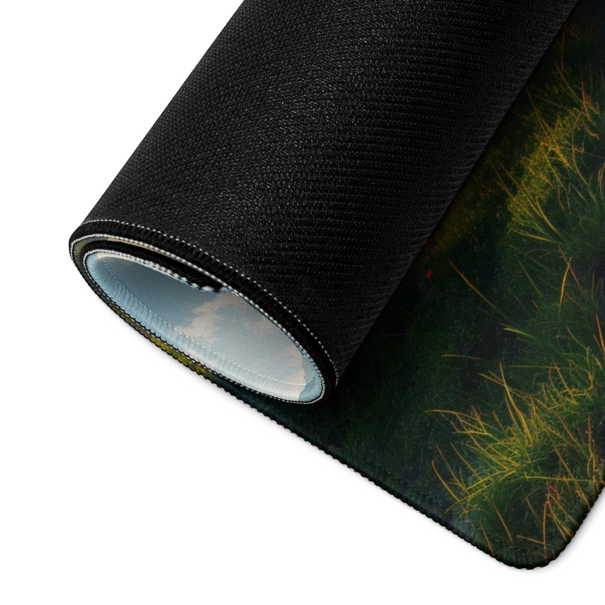 Rolled black textured gaming mousepad with green grass print revealing non-slip underside