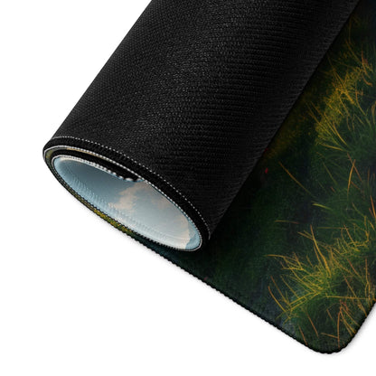 Rolled black textured gaming mousepad with green grass print revealing non-slip underside