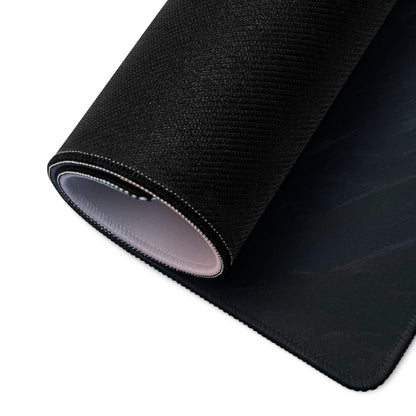 Black textured back of minimalist mountain sunset gaming mouse pad with gray underside and stitched edges