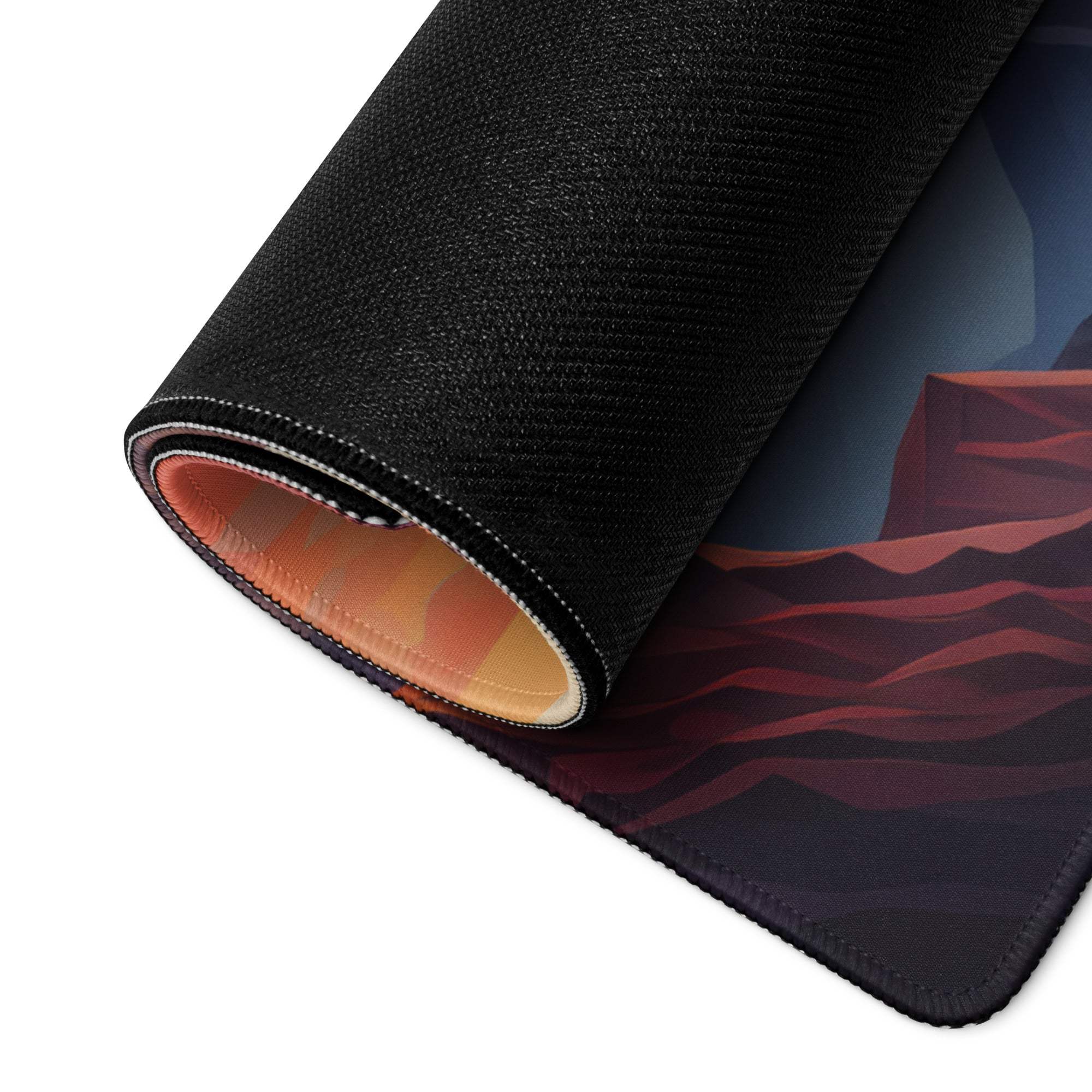 Black textured Vibrant Mountain Sunset gaming mousepad with orange rolled edge