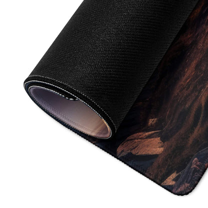 Epic large Sunset Mountain Range gaming mouse pad with black textured non-slip surface, rolled edge, and intricate earthy brown landscape design