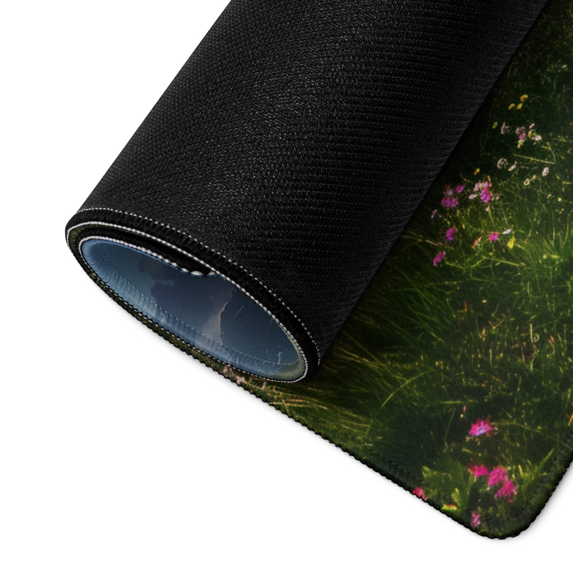 Black rolled-up mousepad with pink purple wildflowers in green grass