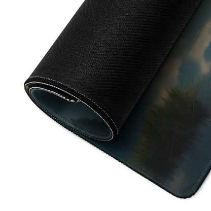 Black textured gaming mousepad with subtle sunrise landscape design