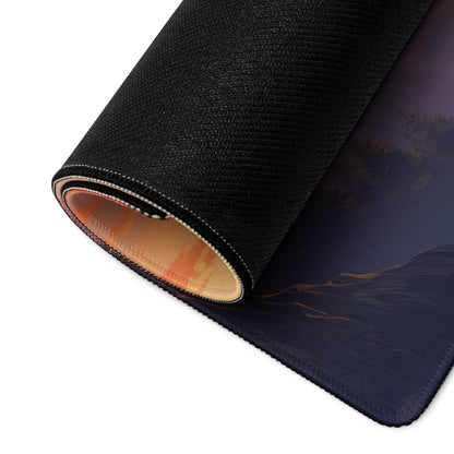 Large Mountain Sunset gaming mouse pad with black textured base, dark blue purple mountains, orange lining, stitched edges, non-slip