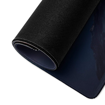 Back of Epic Mountain Sunrise gaming mouse pad with black textured top, dark blue underside, stitched edges