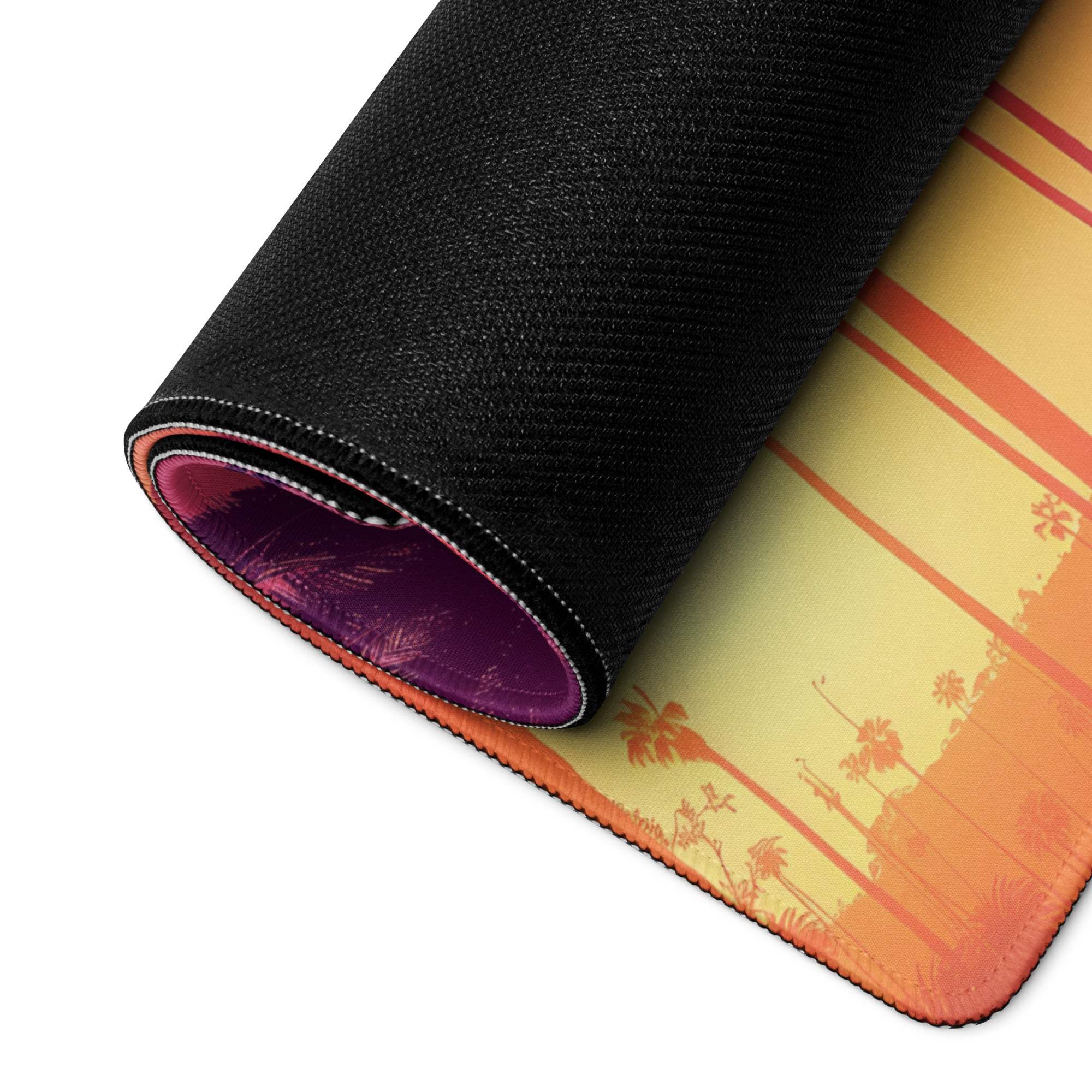 Rolled-up Vibrant Tropical Sunset Palm Trees gaming mouse pad