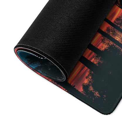 Large black gaming mousepad with vibrant orange red palm tree sunset design