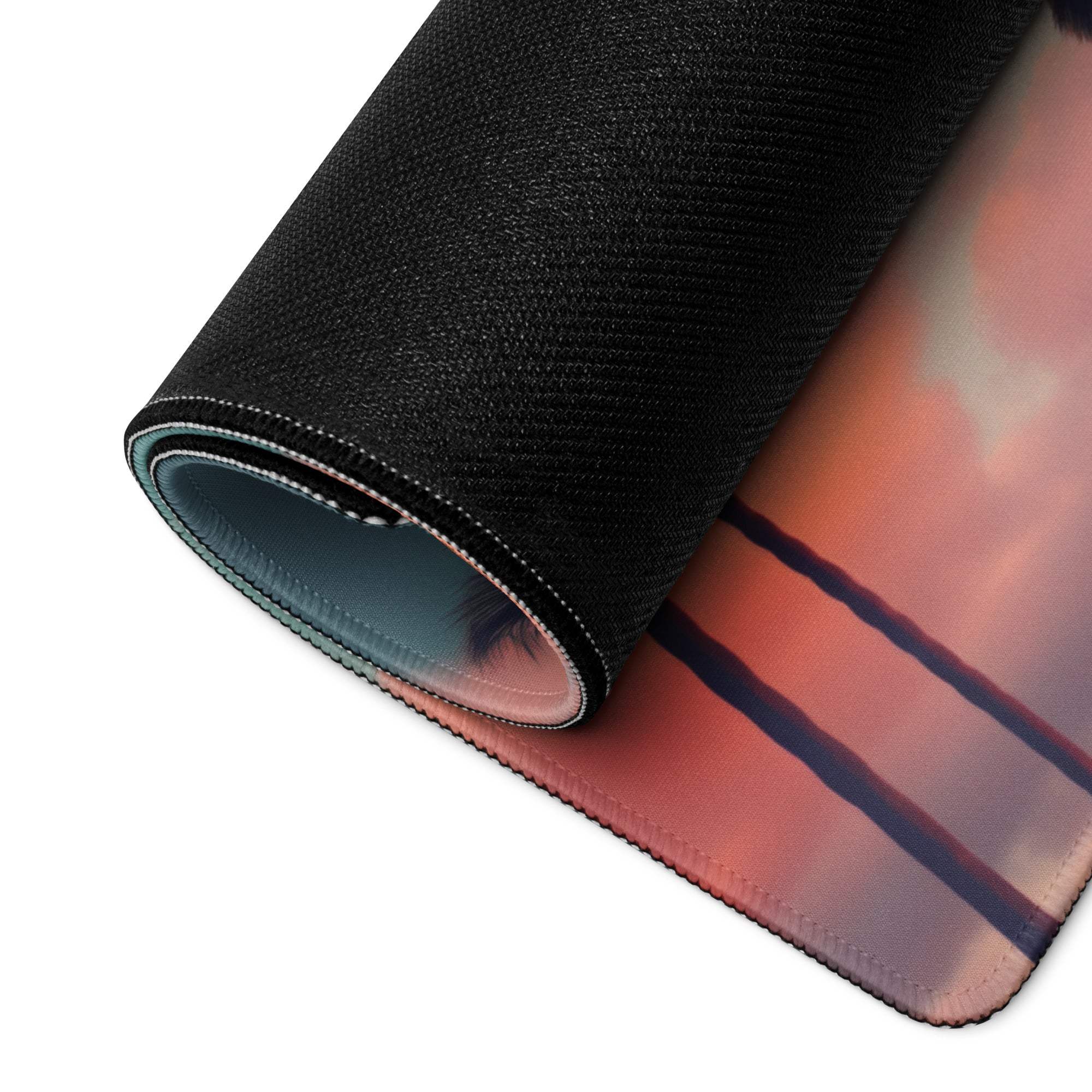 Rolled-up Dreamy Palm Tree Sunset Pink Sky gaming mouse pad, vibrant orange-pink sunset