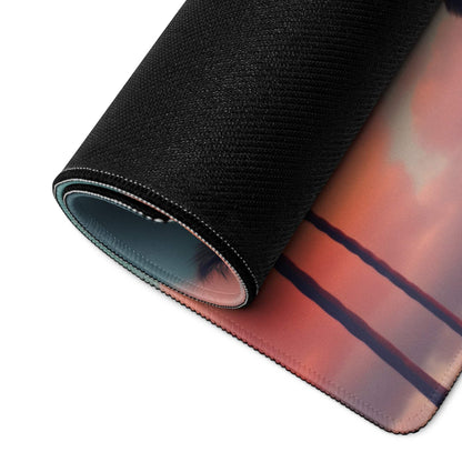 Rolled-up Dreamy Palm Tree Sunset Pink Sky gaming mouse pad, vibrant orange-pink sunset