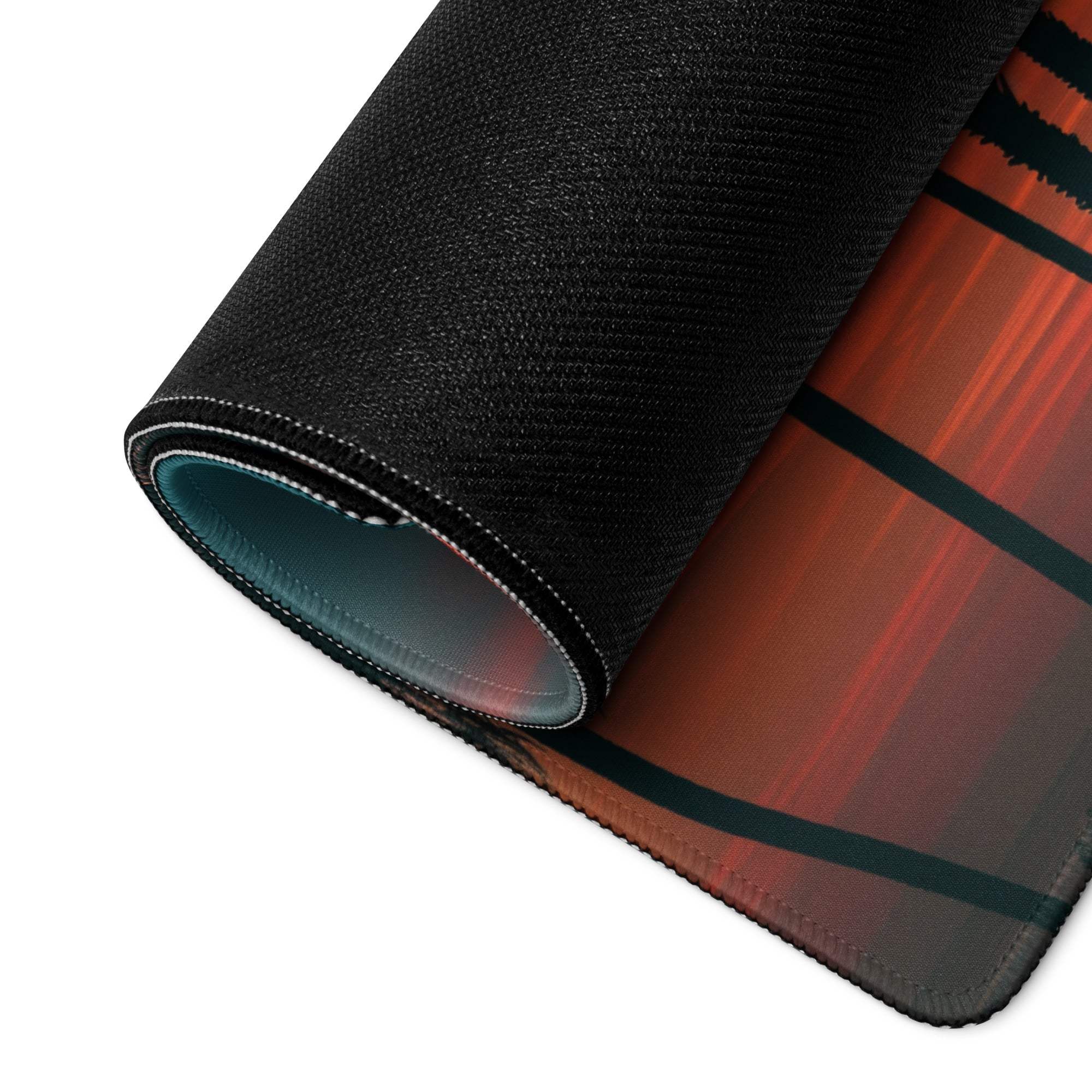 Black textured Epic Sunset Palm Tree gaming mouse pad with orange-red gradient