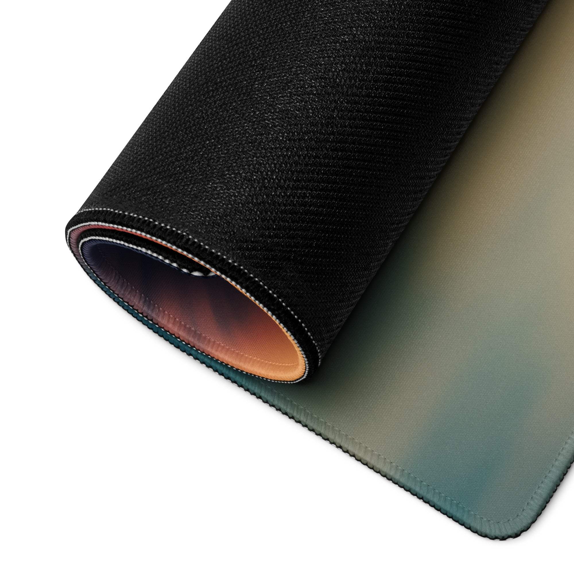 Underside of Sunset Warm large gaming mouse pad with teal to orange gradient and black non-slip base