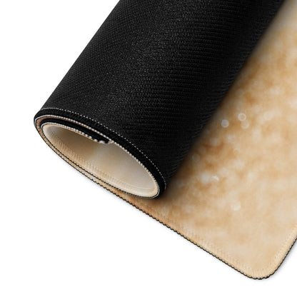 Back of premium desert sand gaming mouse pad with black textured carpet, beige plush underside and stitched edges