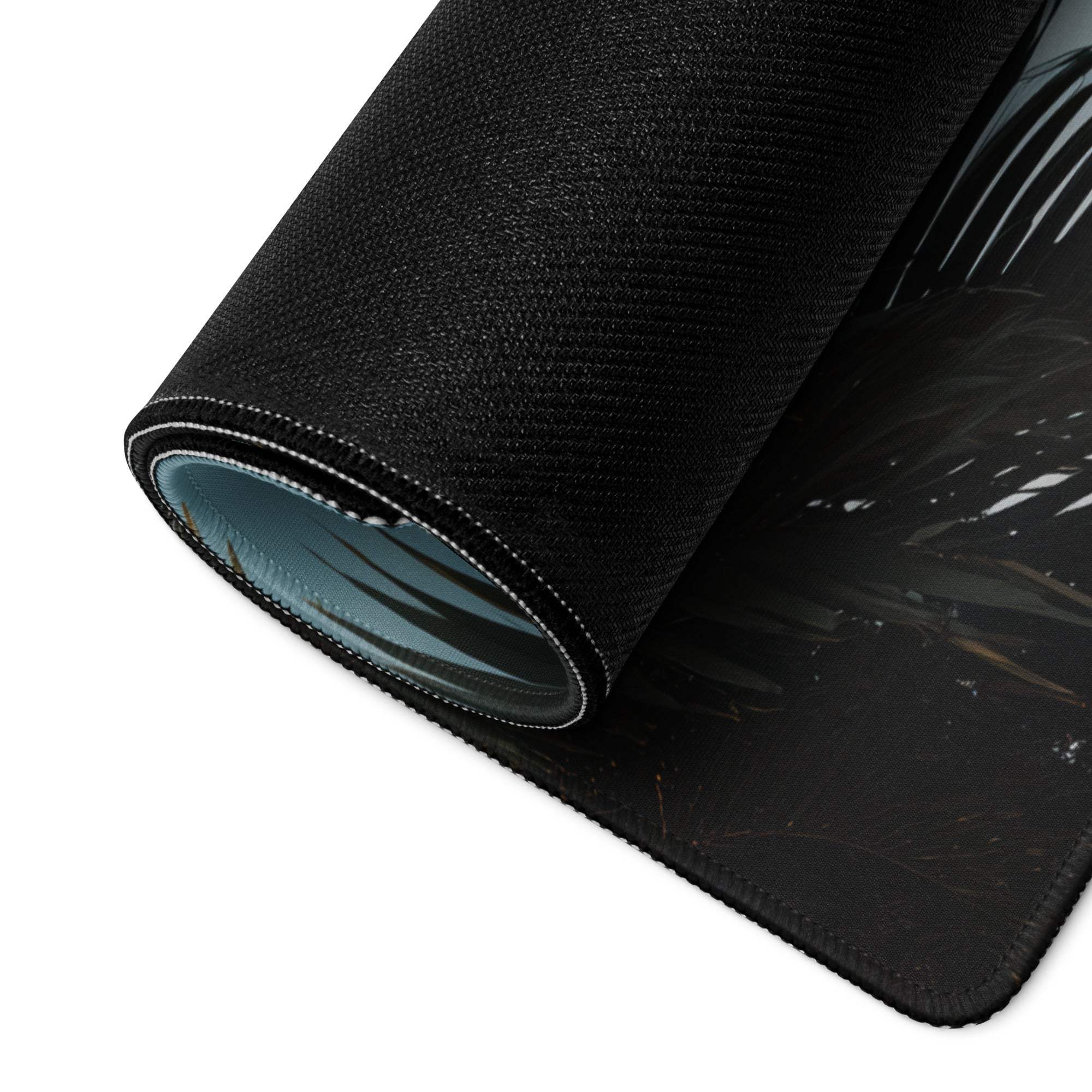 Black textured large gaming mousepad with tropical palm sunset design