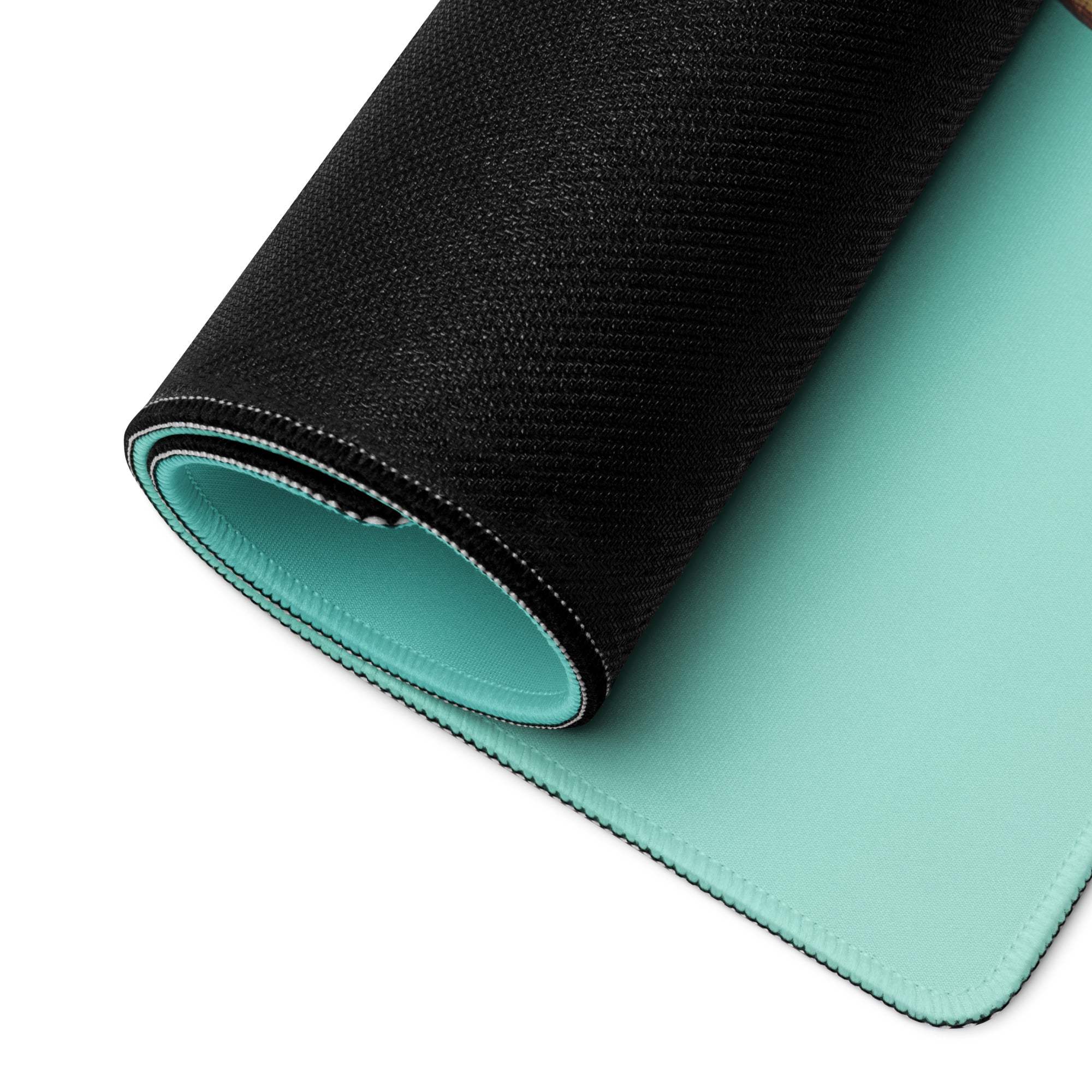 Black mint green two-sided mousepad with stitched edges, tropical palm aqua mint theme