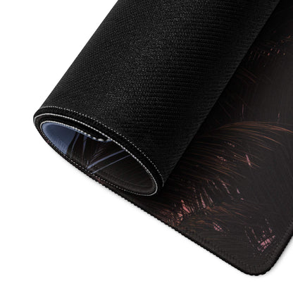 Black textured palm tree mousepad with pink hues, stitched edge, non-slip base