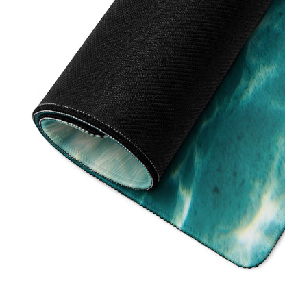 Rolled-up underwater ocean gaming mouse pad with teal white design and black underside