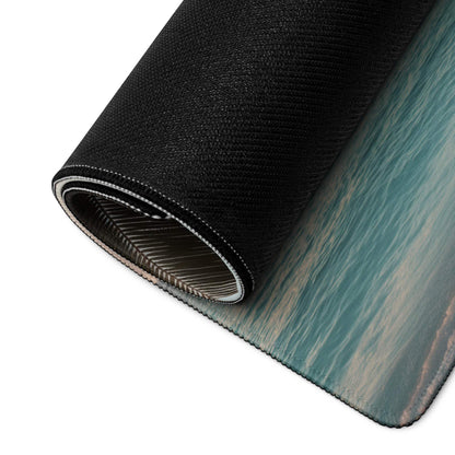 Rolled-up Relaxing Tropical Beach Scene gaming mouse pad with teal-gray wave design