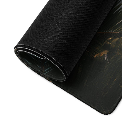 Black textured tropical leaf mousepad with gold stitched edge