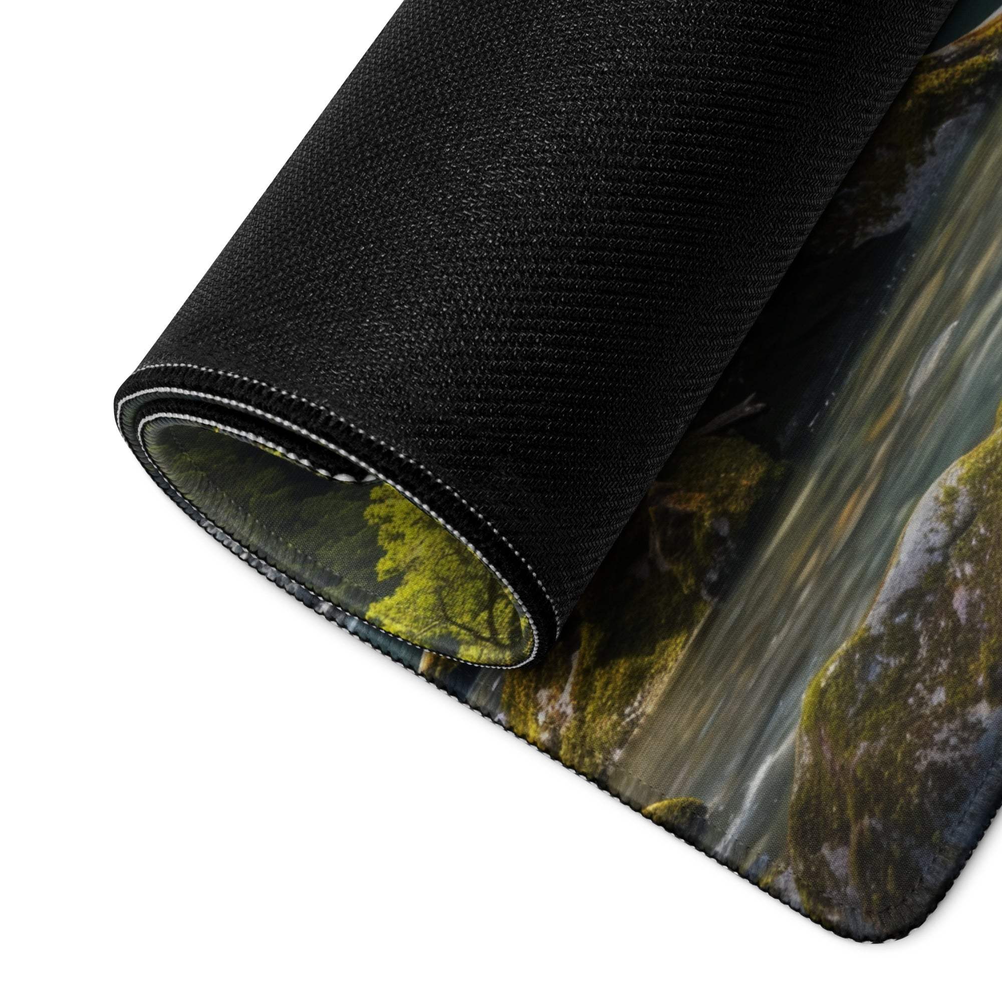 Zen Forest Waterfall large gaming mouse pad with mossy rocks and flowing water